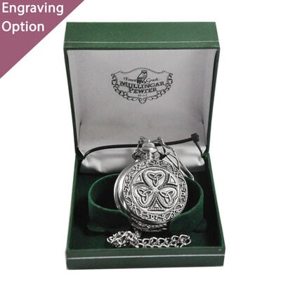 Mullingar Pewter Pocket Watch With Shamrock And Trinity Design And Celtic Border